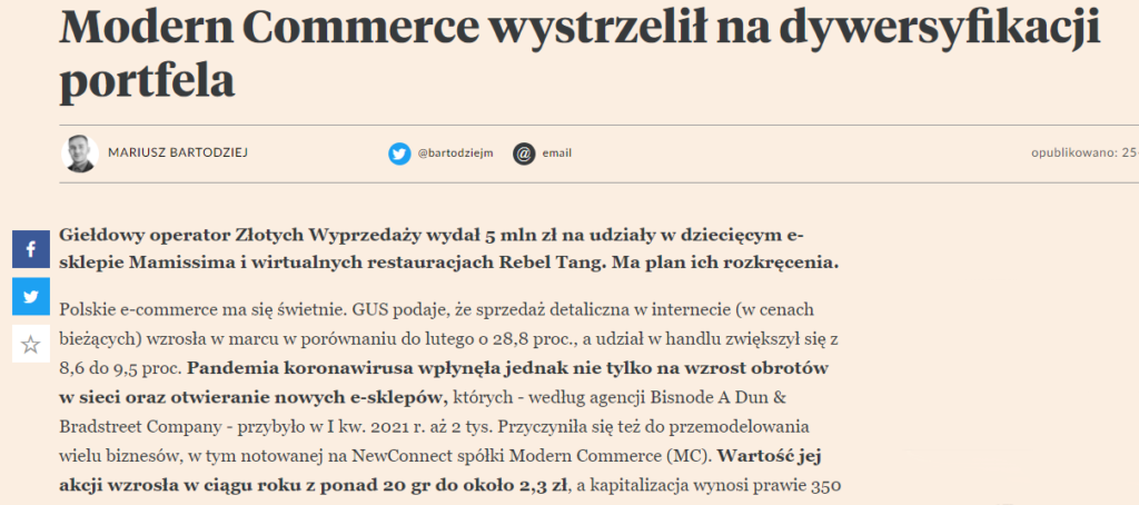 Pulsbiznesu.pl – Modern Commerce wystrzelił na dywersyfikacji portfela
