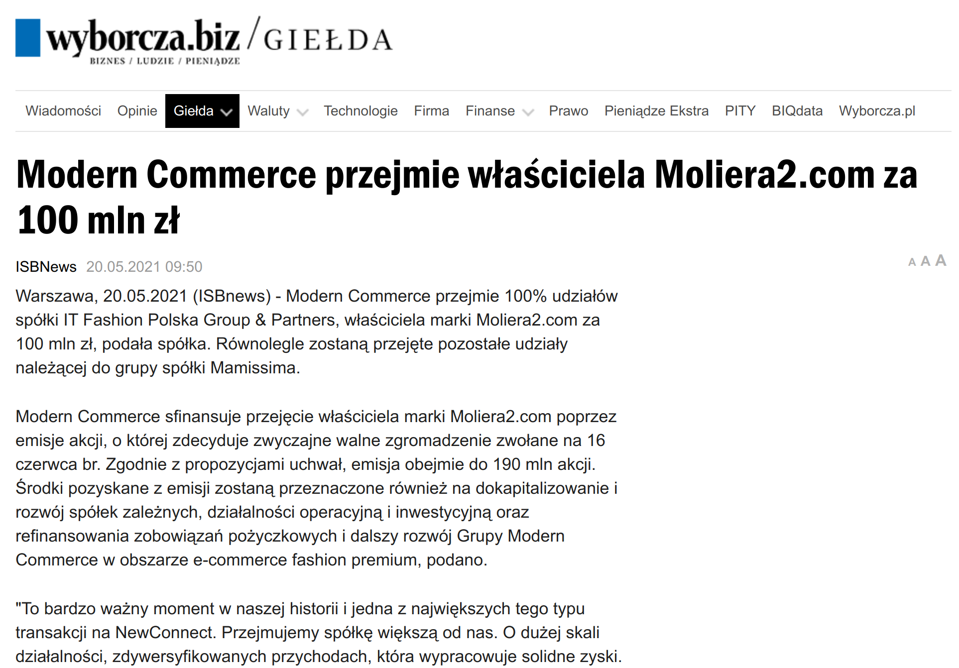 Wyborcza.biz – Modern Commerce przejmie właściciela Moliera2.com za 100 mln zł