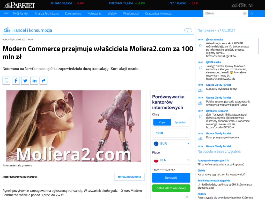 Parkiet.com – Modern Commerce przejmie właściciela Moliera2.com za 100 mln zł