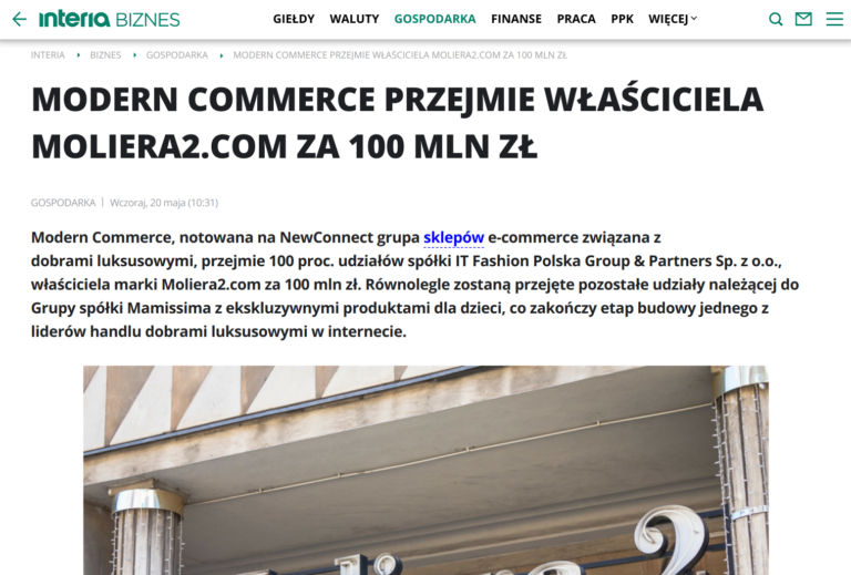 Biznes.interia.pl – Modern Commerce przejmie właściciela Moliera2.com za 100 mln zł